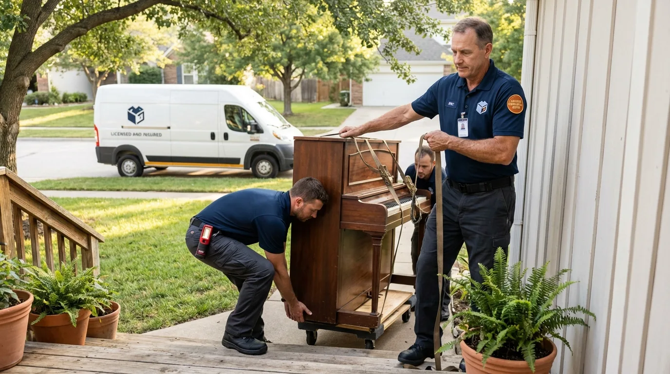 Licensed piano movers securing grand piano in Boyne City, MI
