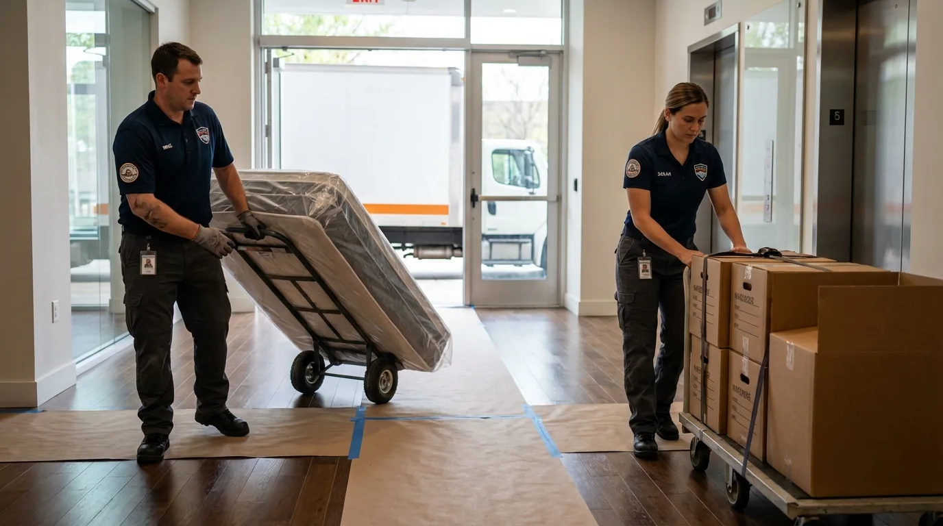 Professional apartment movers loading elevator in Boyne City, MI